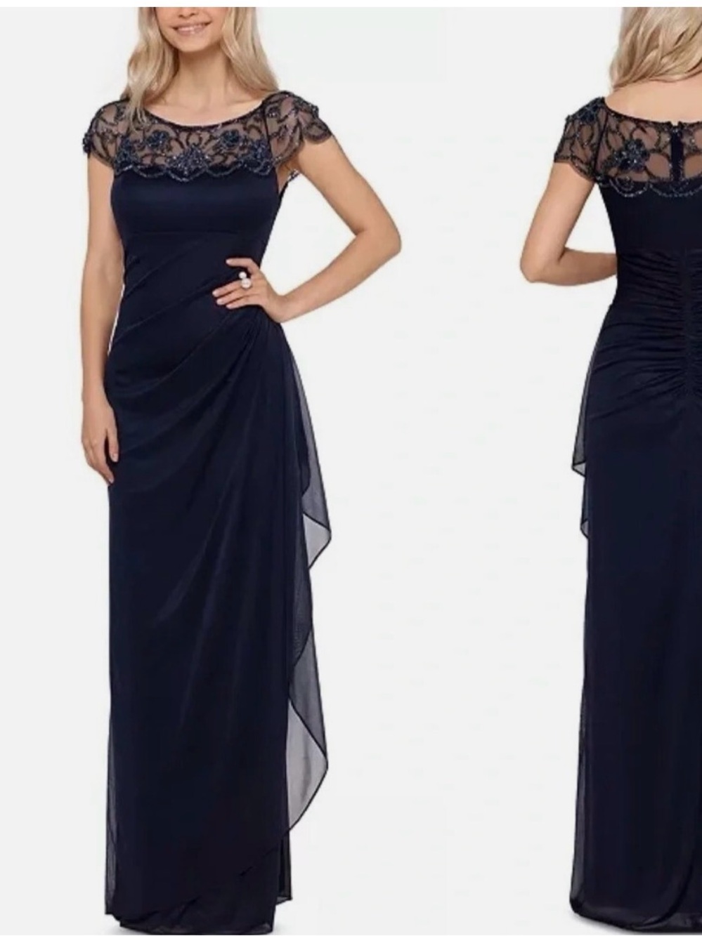 NWT Xscape Navy Beaded Illusion Yoke Maxi Dress—Sz 8P